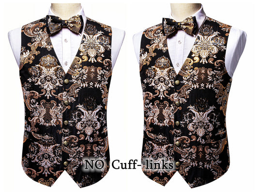 Barry Wang Men's Waistcoat Silky Woven Vest Set Gilet Tuxedo Bowtie Shiny Palace [Feather Gold+]