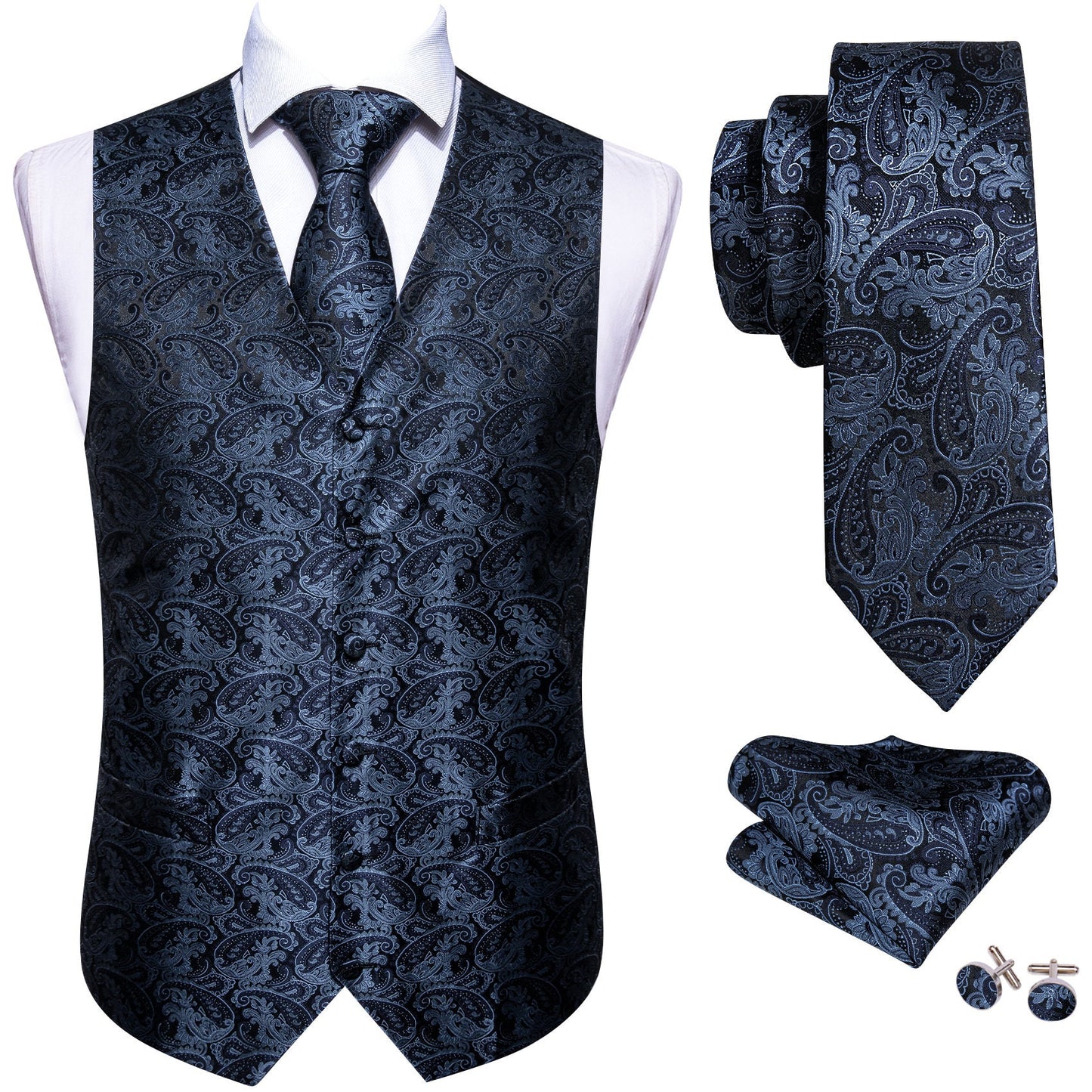 Barry Wang Blue Floral Paisley Waistcoat Men Paisley Tie hanky Set with Floral Pocket Square