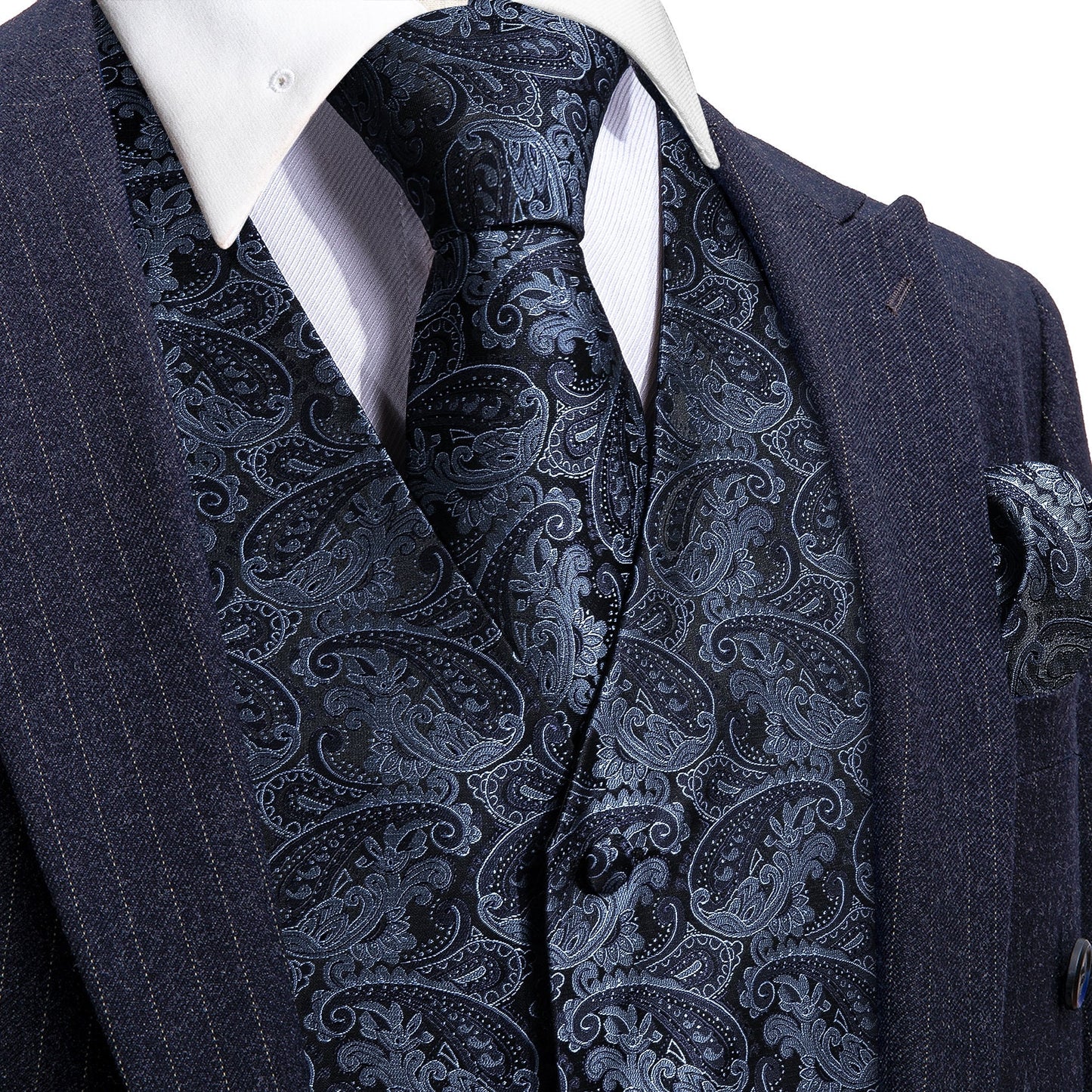 Barry Wang Blue Floral Paisley Waistcoat Men Paisley Tie hanky Set with Floral Pocket Square