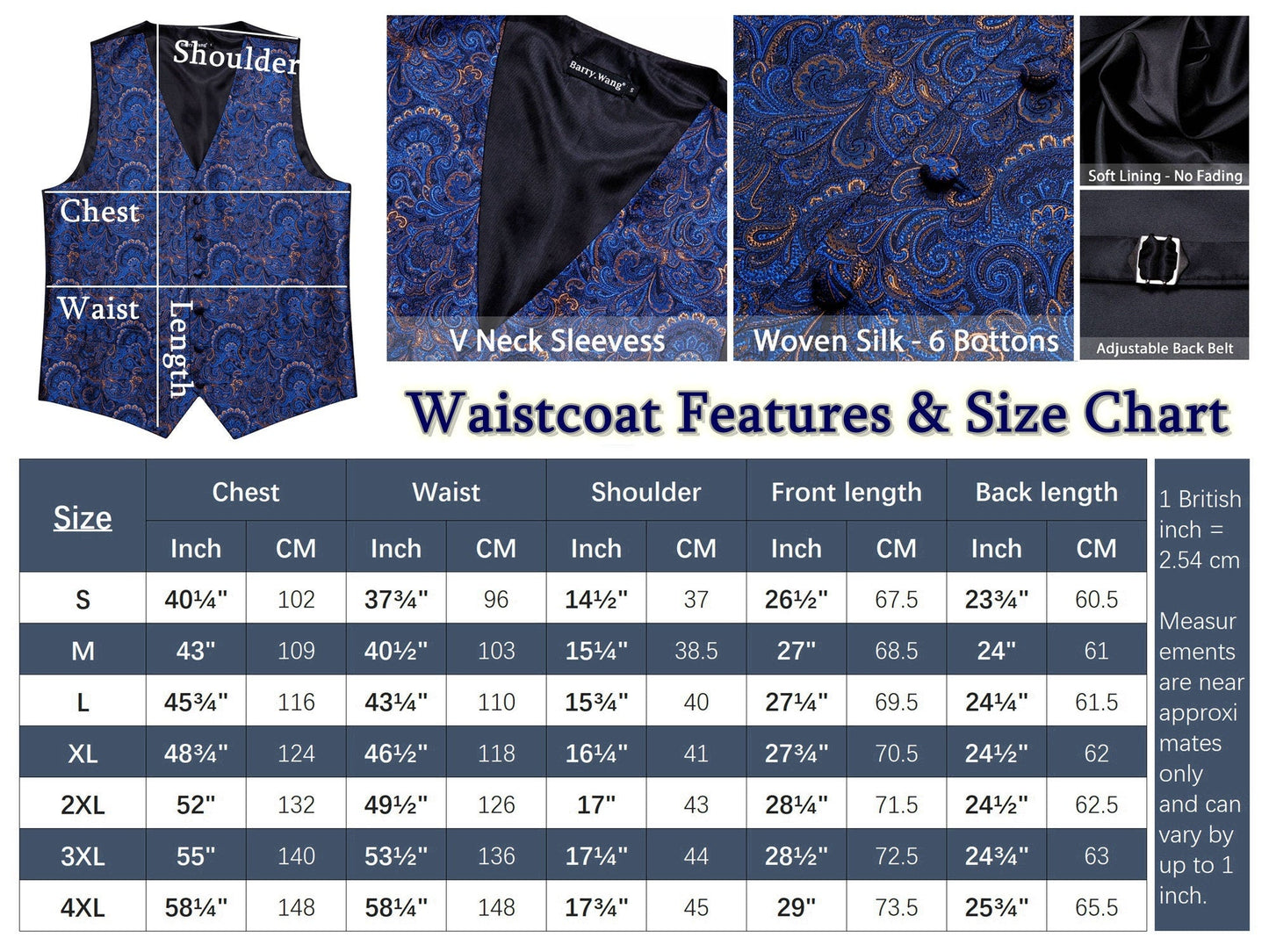 Men's Waistcoat Floral Vintage Silky Gilet Retro Vest Lapel Collar Royal Blue