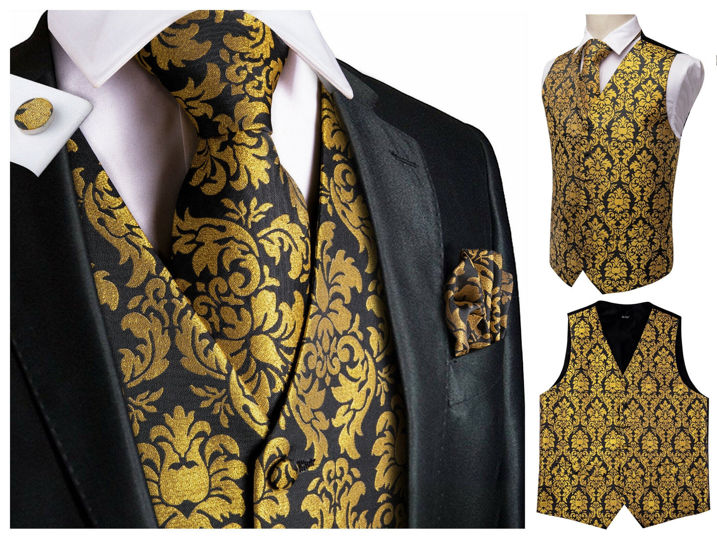 Men's Novelty Waistcoat Silky Floral Vest Set Tuxedo Gilet Casual Business [Bronze+]