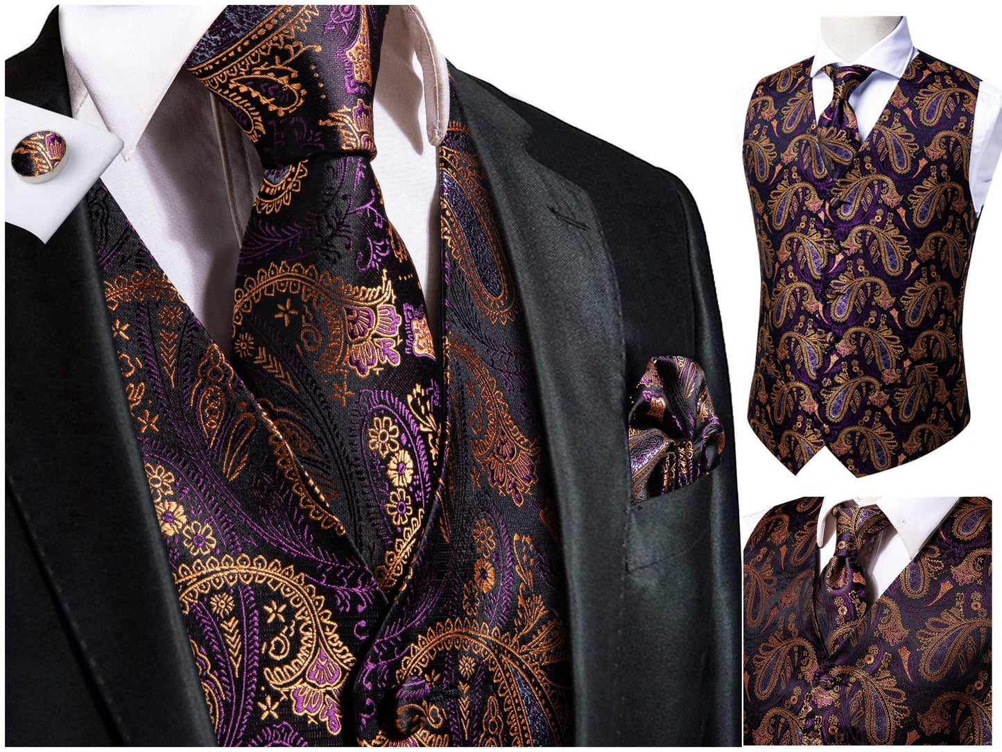 Hi Tie® Men's Novelty Waistcoat Silky Floral Vest Set Tuxedo Gilet Casual Business [Florl+]