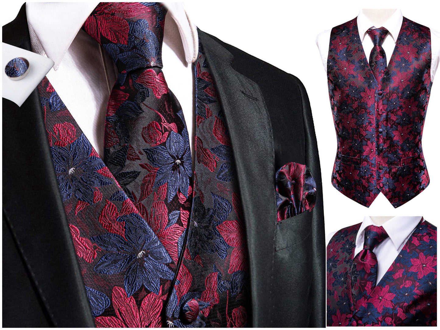 Hi Tie Men's Novelty Waistcoat Floral Silky Vest Set Tuxedo Gilet Casual Business [Nass+]