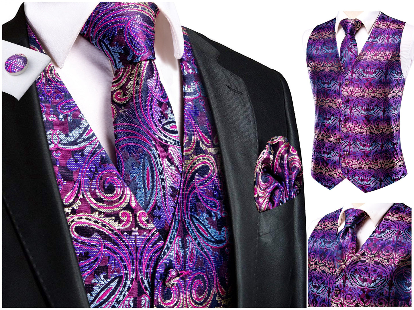 Hi Tie® Men's Novelty Waistcoat Silky Vest Floral Set Tuxedo Gilet Casual Business [Swirl+]