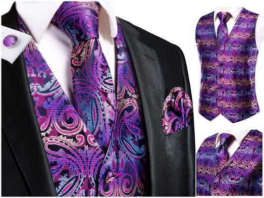 Hi Tie® Men's Novelty Waistcoat Silky Vest Floral Set Tuxedo Gilet Casual Business [Romos+]