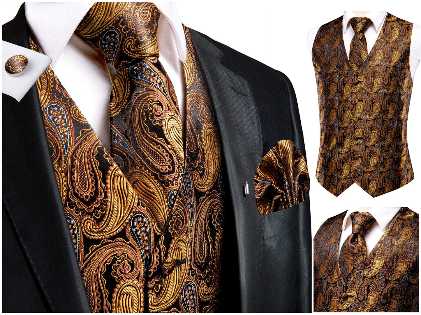 Hi Tie® Men's Novelty Waistcoat Silky Vest Floral Set Tuxedo Gilet Casual Business [Swirl+]