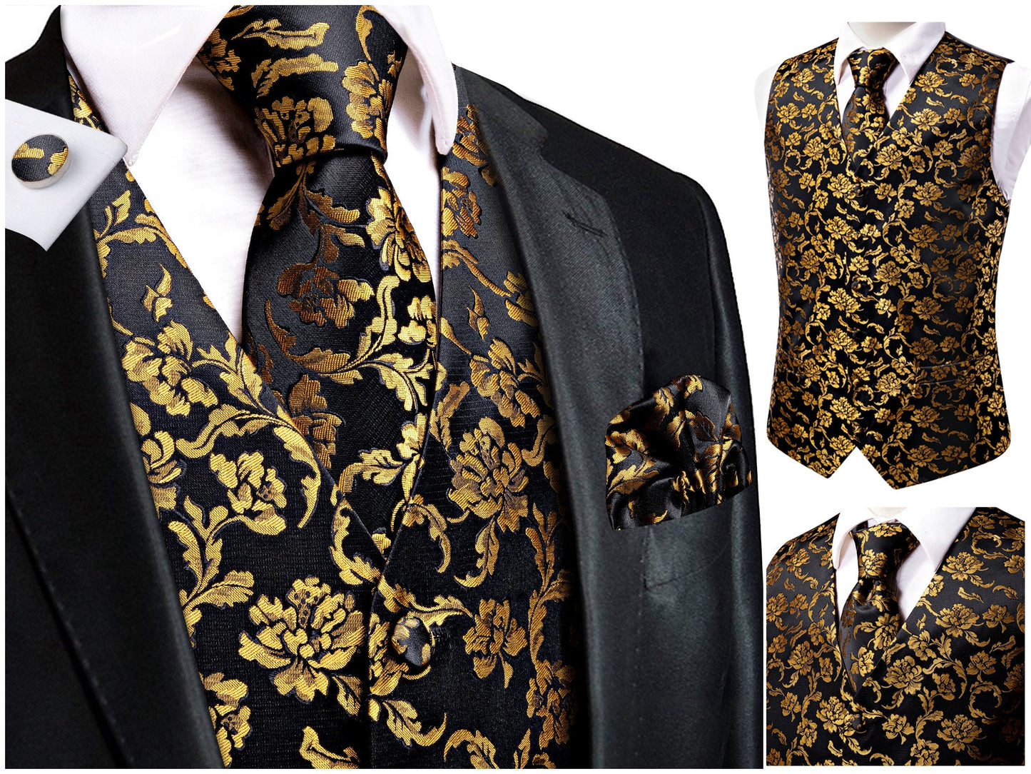 Hi Tie® Men's Novelty Waistcoat Silky Vest Floral Set Tuxedo Gilet Casual Business [Qualo+]