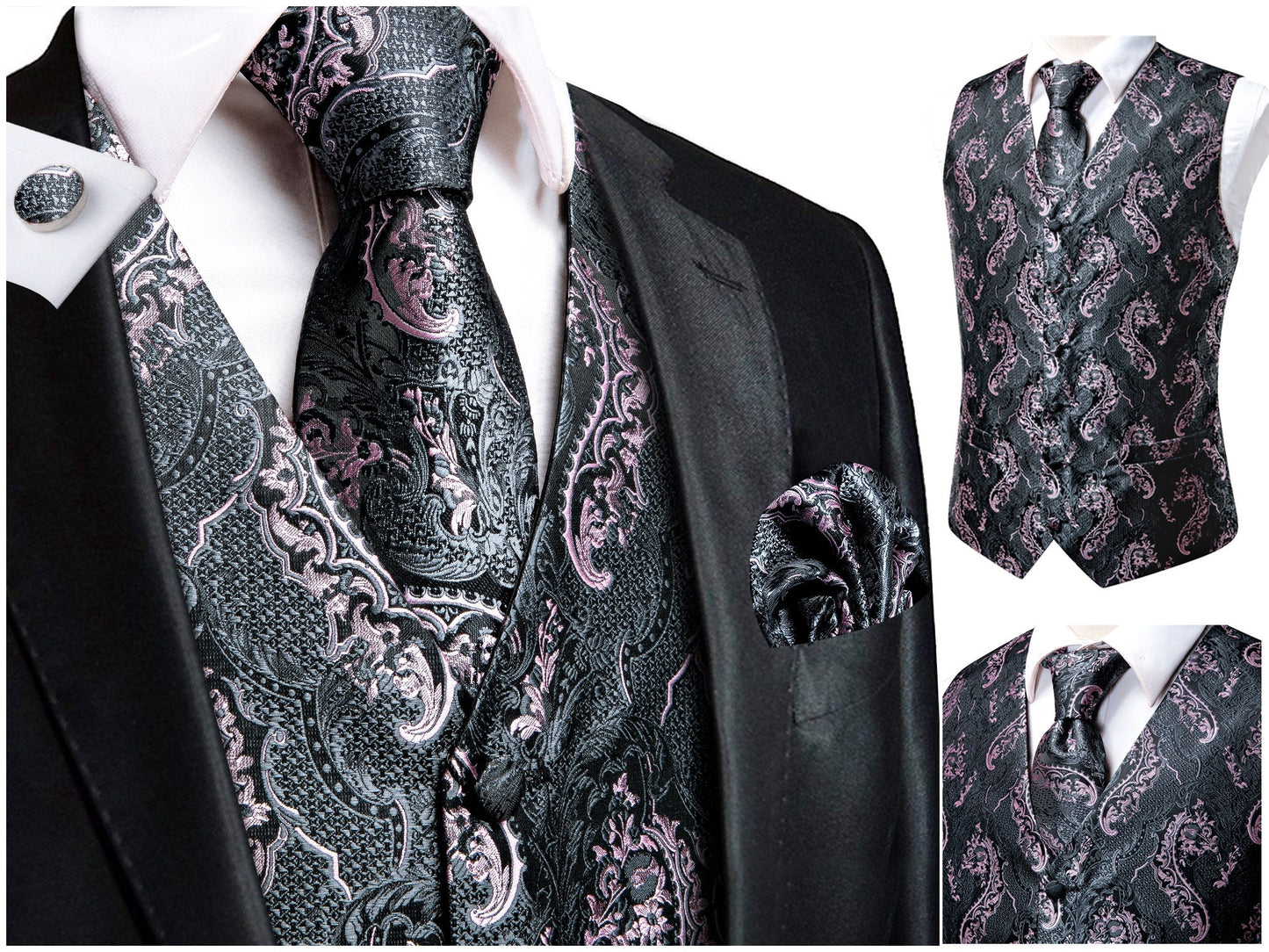 Hi Tie Men's Novelty Waistcoat Silky Floral Tuxedo Vest Set Gilet Casual Business [Beso+]