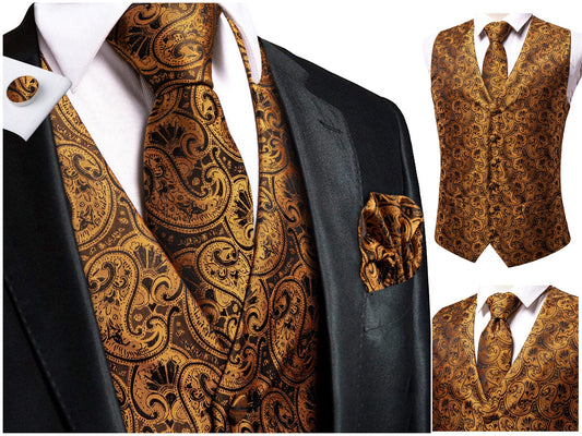 Men's Novelty Waistcoat Silky Floral Tuxedo Vest Set Gilet Casual Business [Fohl+]