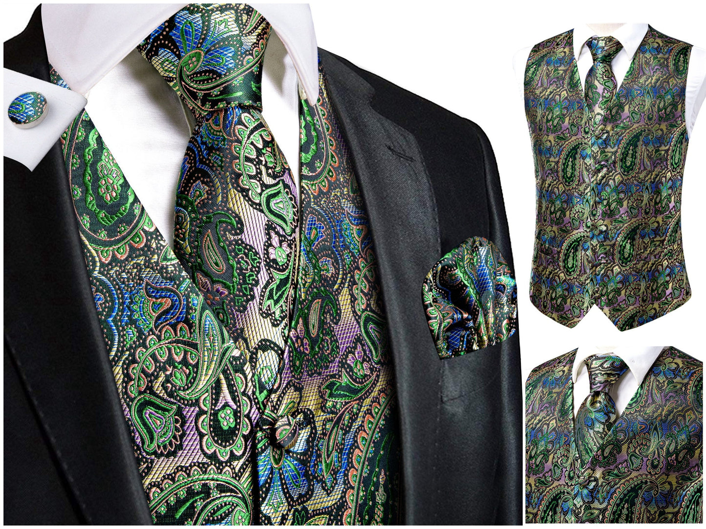 Men's Novelty Waistcoat Silky Floral Tuxedo Vest Set Gilet Casual Business [Fohl+]