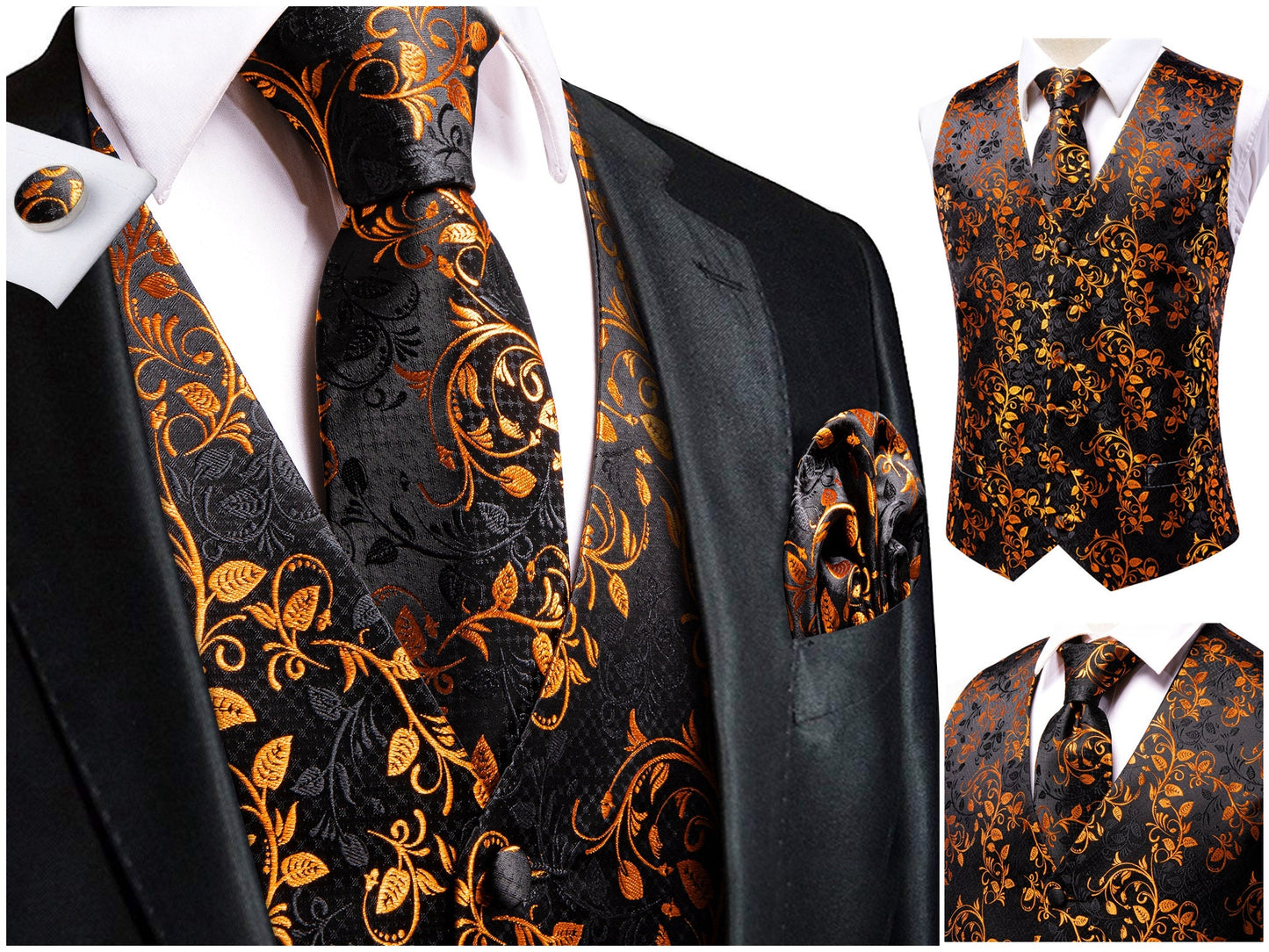 Men's Novelty Waistcoat Silky Floral Tuxedo Vest Set Gilet Casual Business [Fohl+]