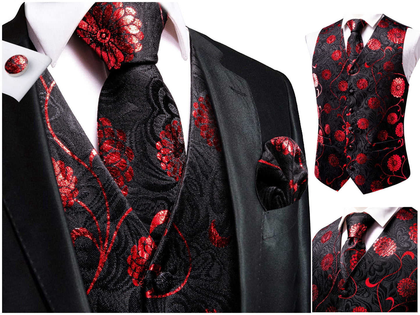 Men's Novelty Waistcoat Silky Floral Vest Set Gilet Tuxedo Casual Business [Ivori+]