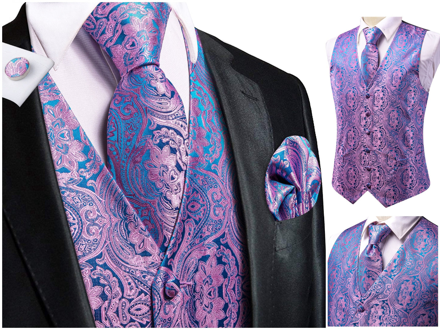 Men's Novelty Waistcoat Silky Floral Vest Set Gilet Tuxedo Casual Business [Ivori+]