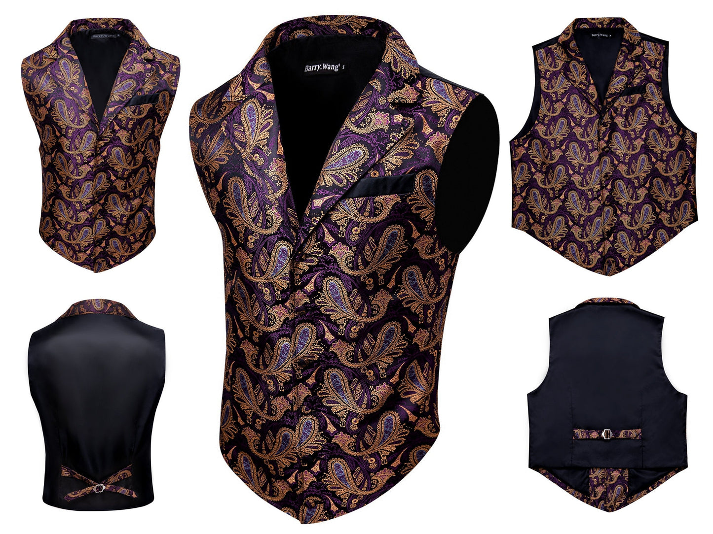 Men's Victorian Waistcoat Floral Vintage Paisley Silky Gilet Retro Vest Barry Wang Steampunk Cosplay [Gold+]