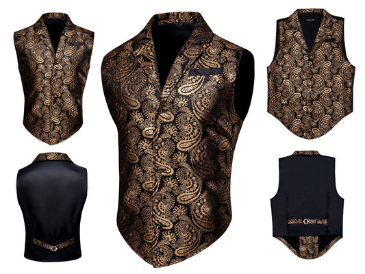 Men's Victorian Waistcoat Floral Vintage Paisley Silky Gilet Retro Vest Barry Wang Steampunk Cosplay [Gold+]