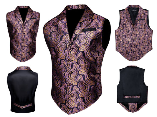 Men's Victorian Waistcoat Floral Vintage Paisley Silky Gilet Retro Vest Steampunk Cosplay [Violet+]