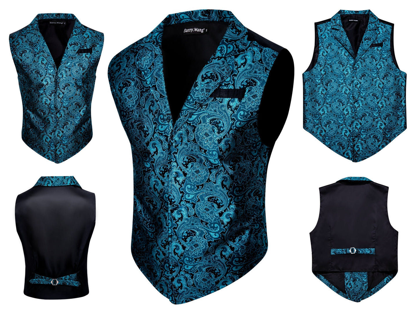 Men's Victorian Waistcoat Floral Vintage Paisley Silky Gilet Retro Vest Barry Wang Steampunk Cosplay [Blue Royal+]