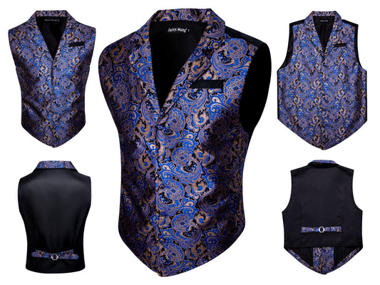 Men's Victorian Waistcoat Floral Vintage Paisley Silky Gilet Retro Vest Barry Wang Steampunk Cosplay [Blue Royal+]