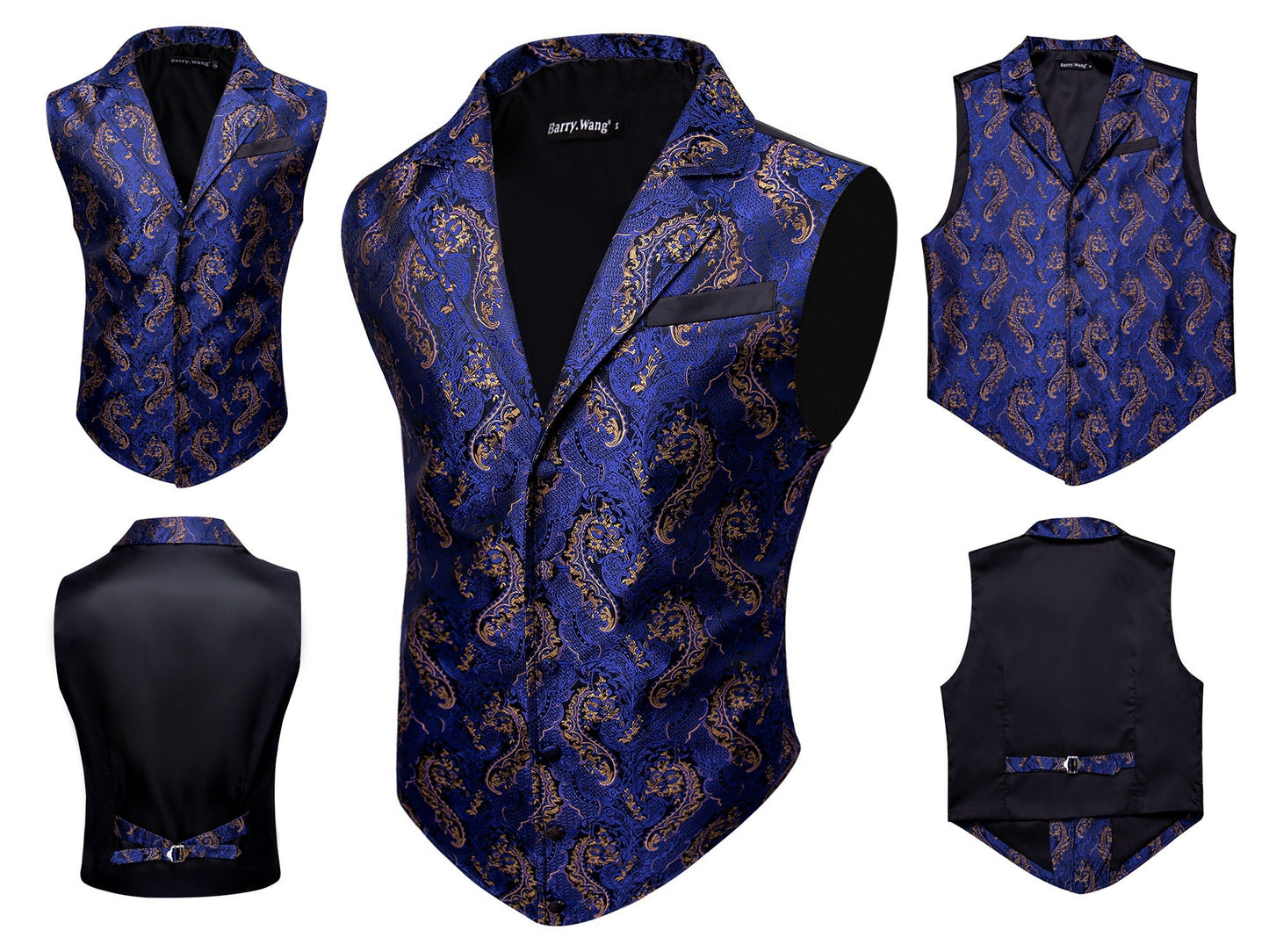 Men's Victorian Waistcoat Floral Vintage Paisley Silky Gilet Retro Vest Barry Wang Steampunk Cosplay [Blue Royal+]