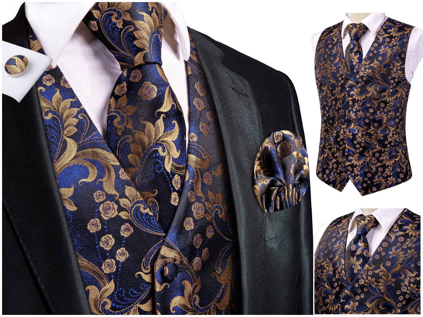 Men's Floral Waistcoat Novelty Silky Vest Set Tuxedo Gilet Casual Business [Foto+]