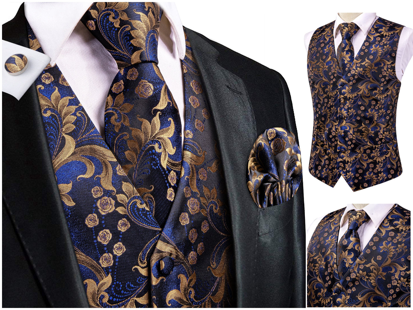 Hi Tie Men's Floral Waistcoat Novelty Silky Vest Set Tuxedo Gilet Casual Business [Cold+]