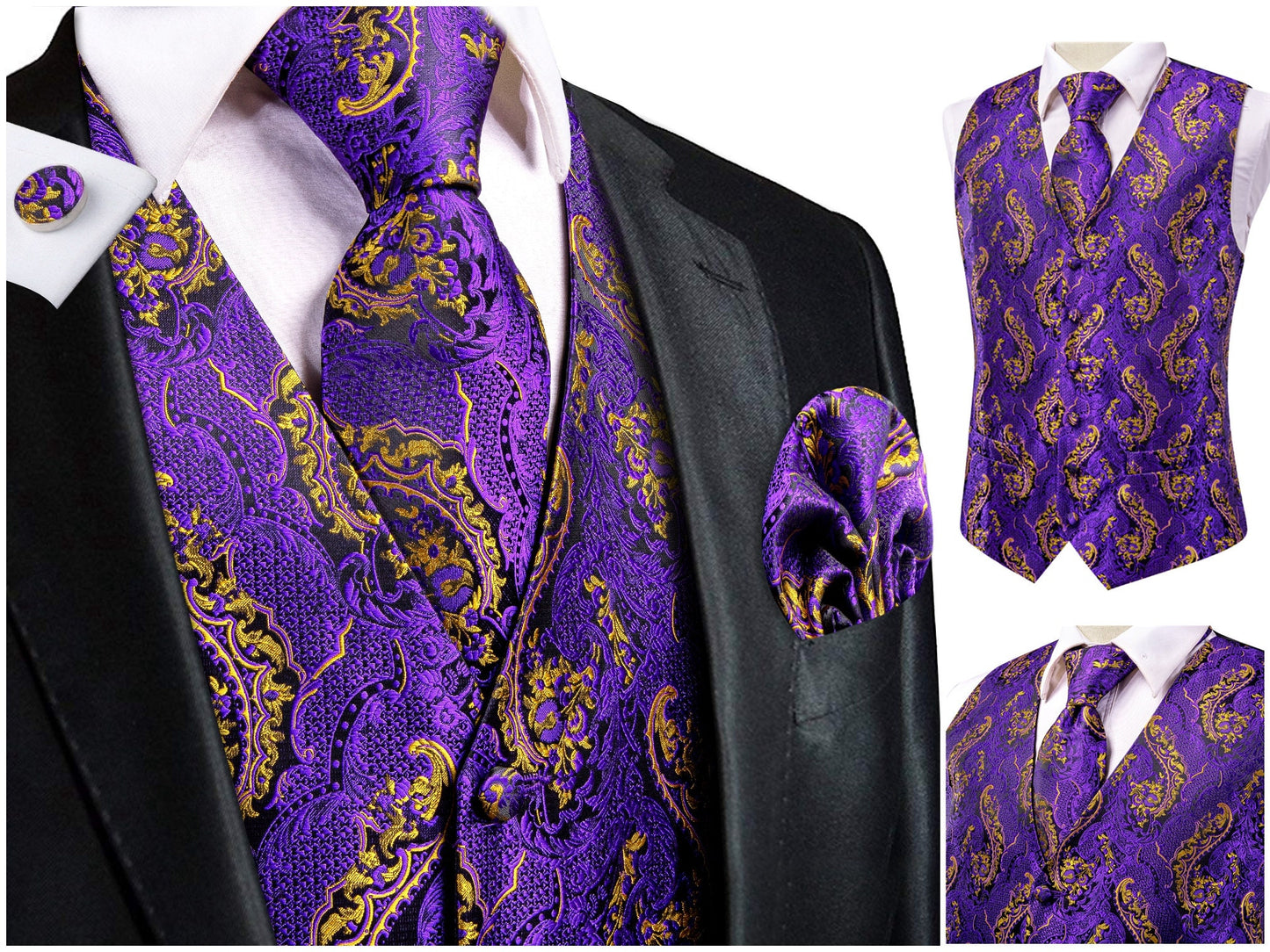 Men's Floral Waistcoat Novelty Silky Vest Set Tuxedo Gilet Casual Business [Bolu+]