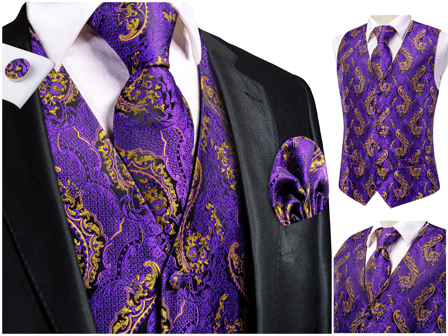 Hi Tie Men's Floral Waistcoat Novelty Silky Vest Set Tuxedo Gilet Casual Business [Cold+]