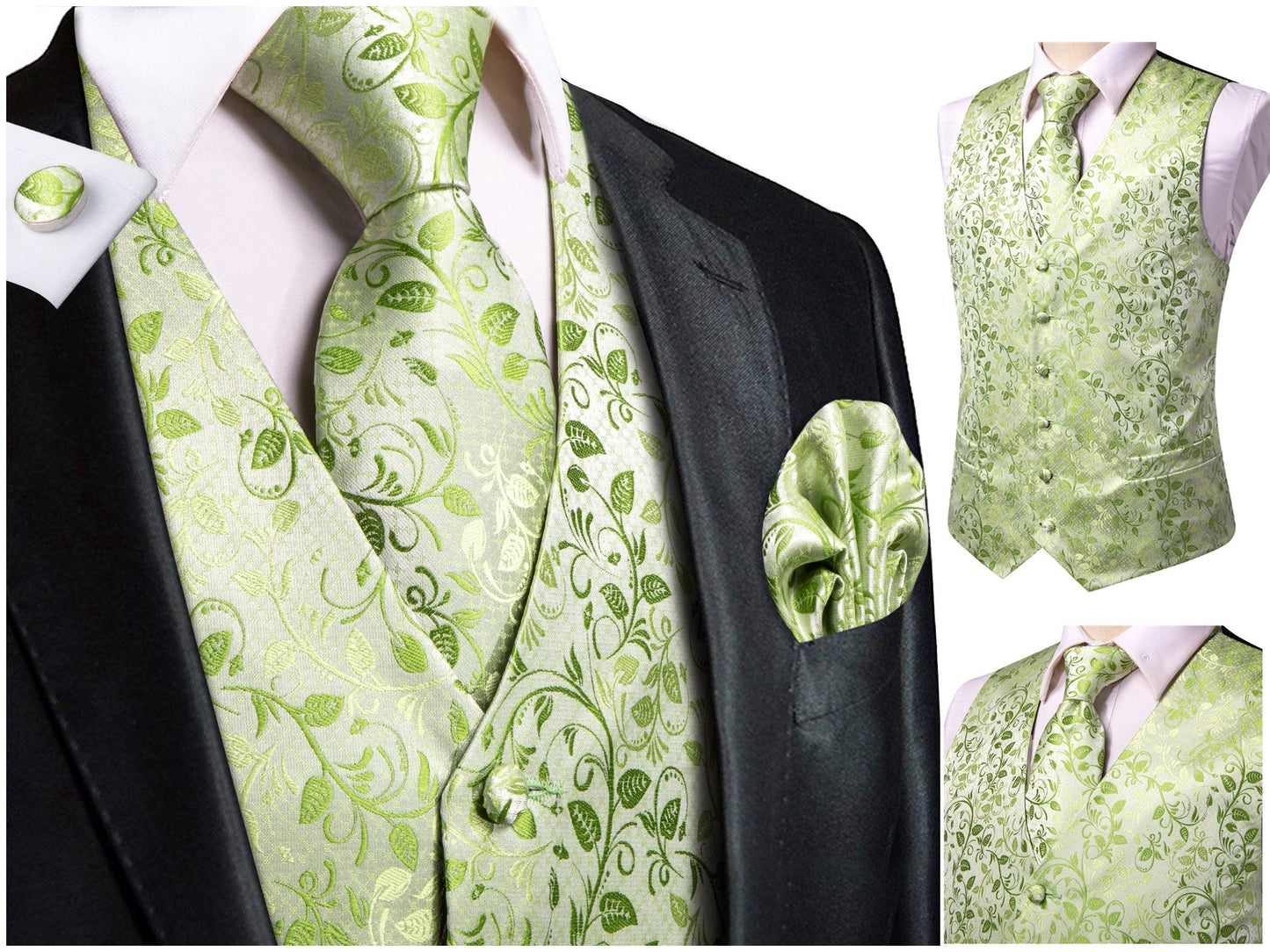 Hi Tie® Men's Waistcoat Novelty Silky Floral Vest Set Tuxedo Gilet Casual Business [Kews+]