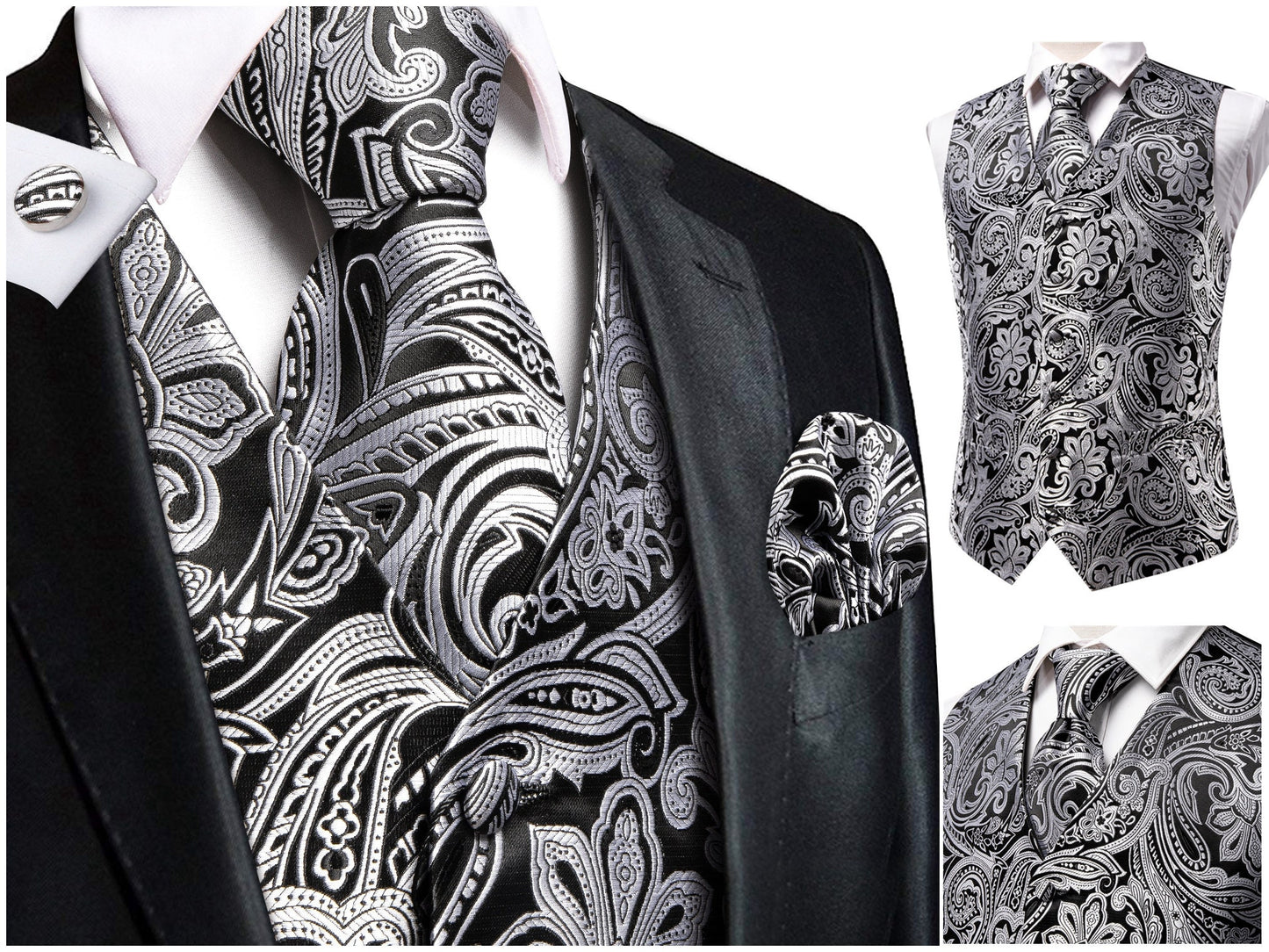 Hi Tie® Men's Waistcoat Novelty Silky Floral Vest Set Tuxedo Gilet Casual Business [Pecu+]