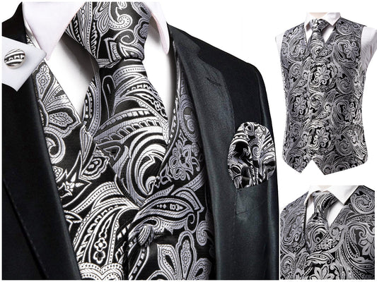 Hi Tie® Men's Waistcoat Novelty Silky Floral Vest Set Tuxedo Gilet Casual Business [Lepod+]