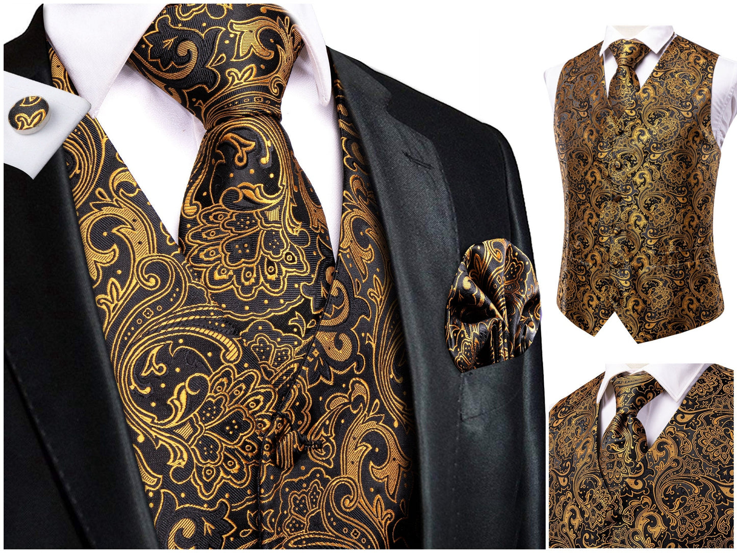 Hi Tie® Men's Waistcoat Novelty Silky Floral Vest Set Tuxedo Gilet Casual Business [Omlet+]