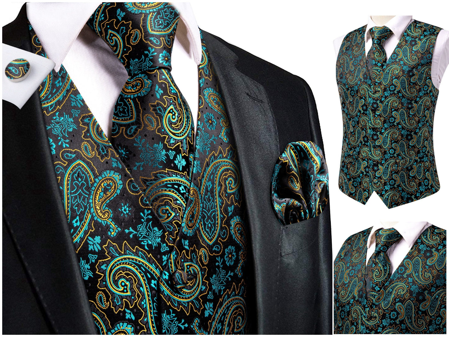 Hi Tie® Men's Waistcoat Novelty Silky Floral Vest Set Tuxedo Gilet Casual Business [Navy+]