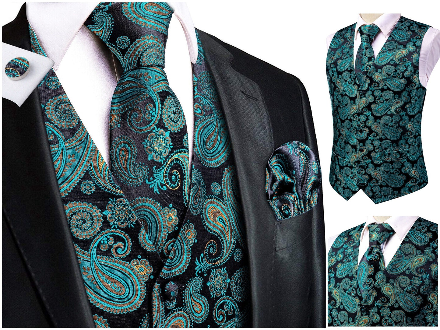 Hi Tie® Men's Waistcoat Novelty Floral Silky Vest Set Tuxedo Gilet Casual Business [Qute+]