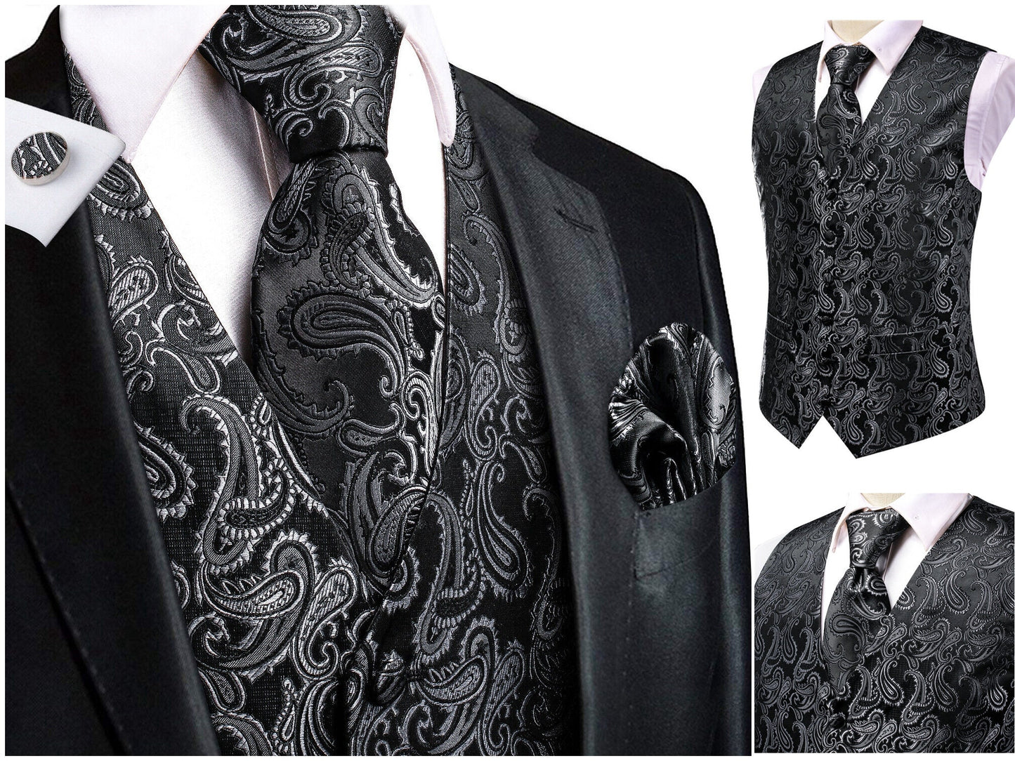 Hi Tie® Men's Waistcoat Novelty Floral Silky Vest Set Gilet Tuxedo Casual Business [Pacif+]