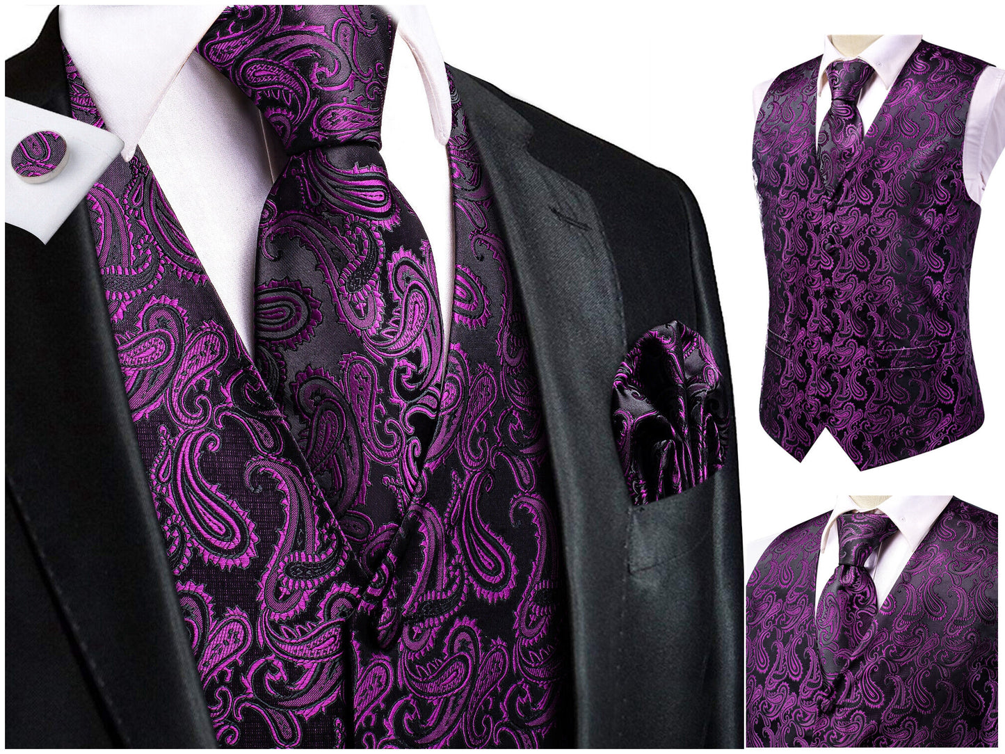 Hi Tie® Men's Waistcoat Novelty Floral Silky Vest Set Gilet Tuxedo Casual Business [King+]