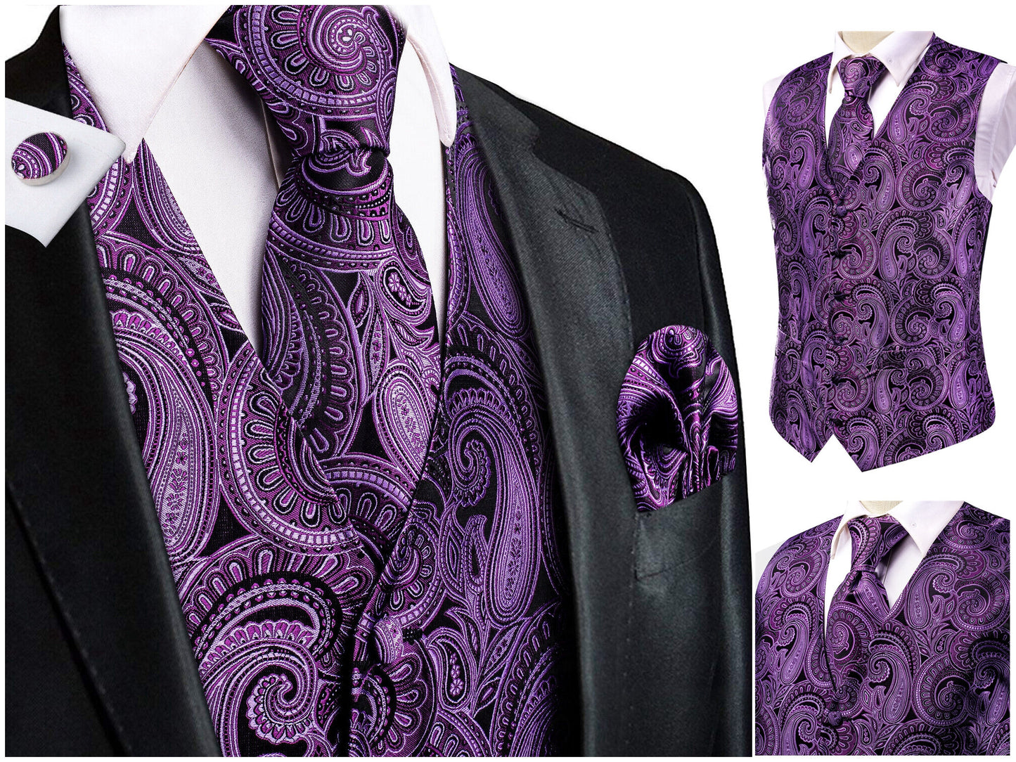 Hi Tie® Men's Waistcoat Novelty Floral Silky Vest Set Gilet Tuxedo Casual Business [King+]