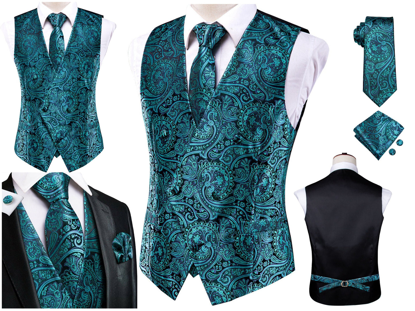 Men's Victorian Waistcoat Vintage Vest Silky Set Tuxedo Gilet Casual Business [Asymmetric Turquoise+]