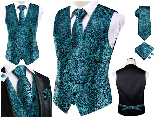 Men's Victorian Waistcoat Vintage Vest Silky Set Tuxedo Gilet Casual Business [Asymmetric Turquoise+]