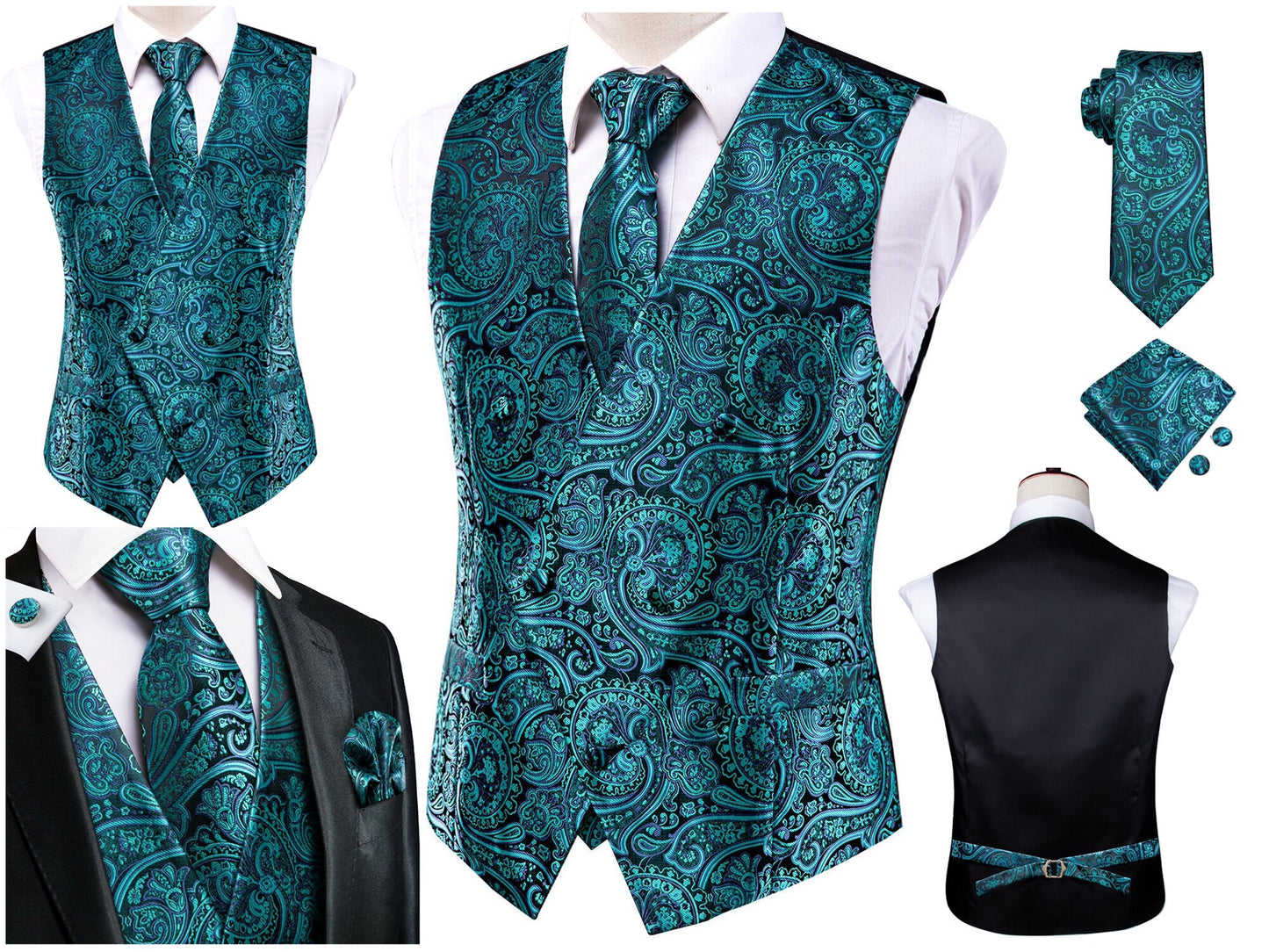 Hi Tie® Men's Vintage Waistcoat Victorian Vest Silky Set Tuxedo Gilet Casual Business [Double Breasted Raisin+]