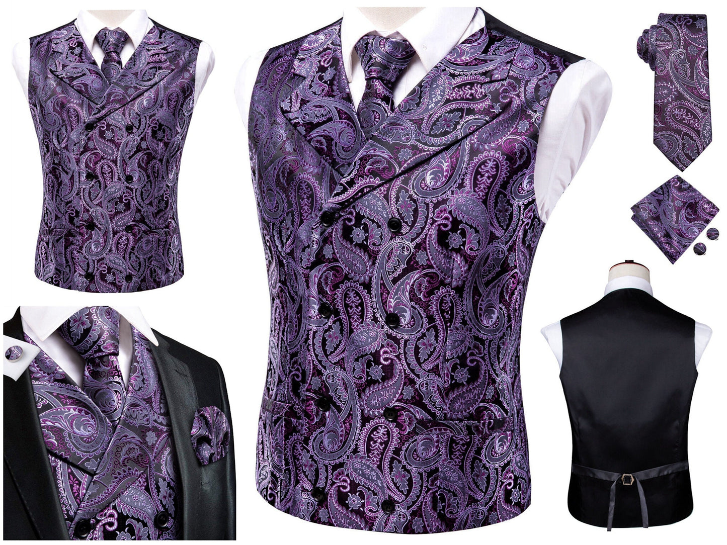 Hi Tie® Men's Vintage Waistcoat Victorian Vest Silky Set Tuxedo Gilet Casual Business [Double Breasted Coal+]