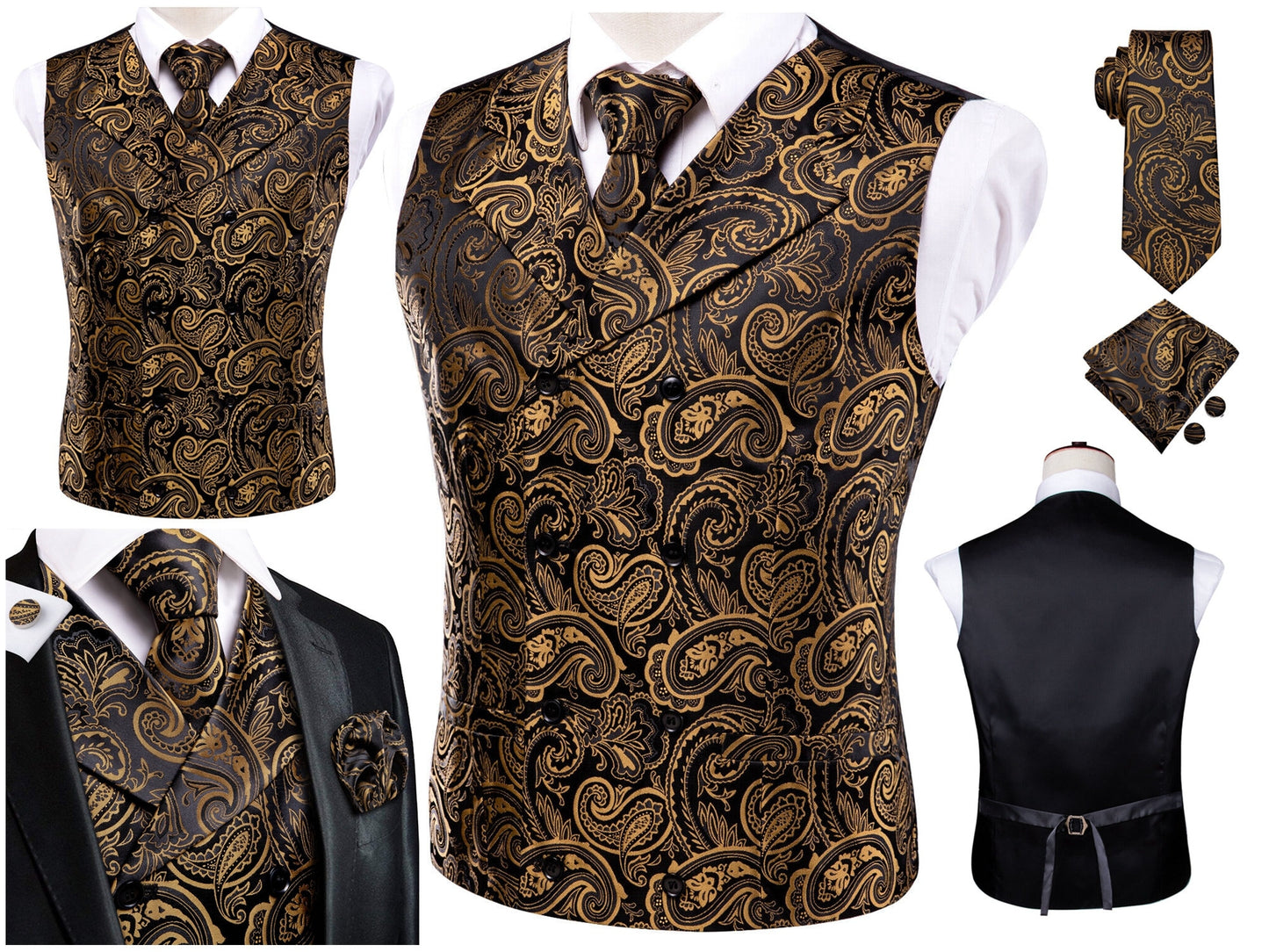 Men's Vintage Waistcoat Victorian Vest Silky Set Tuxedo Gilet Casual Business [Double Breasted Gold+]