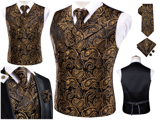 Men's Vintage Waistcoat Buy 1 Get 1 Free Random Design in Your Size Victorian Vest Silky Set Tuxedo Gilet Casual Business [Double Breasted Gold+]