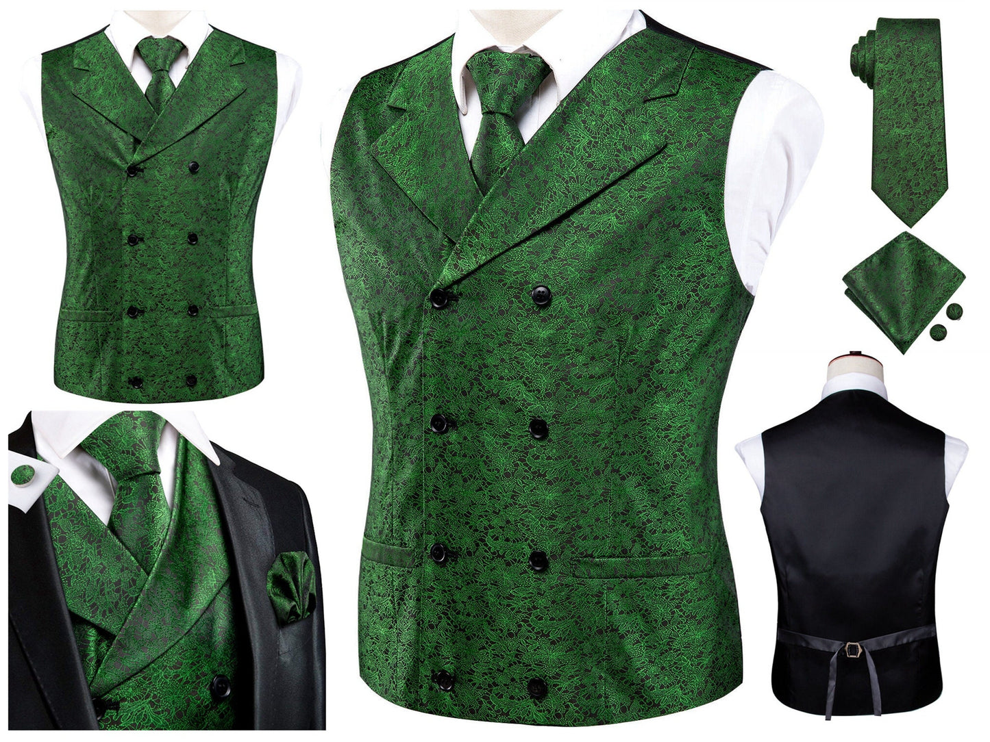 Men's Vintage Waistcoat Victorian Vest Silky Set Tuxedo Gilet Casual Business [Double Breasted Basil+]