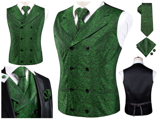 Hi Tie® Men's Vintage Waistcoat Victorian Vest Silky Set Tuxedo Gilet Casual Business [Double Breasted Basil+]