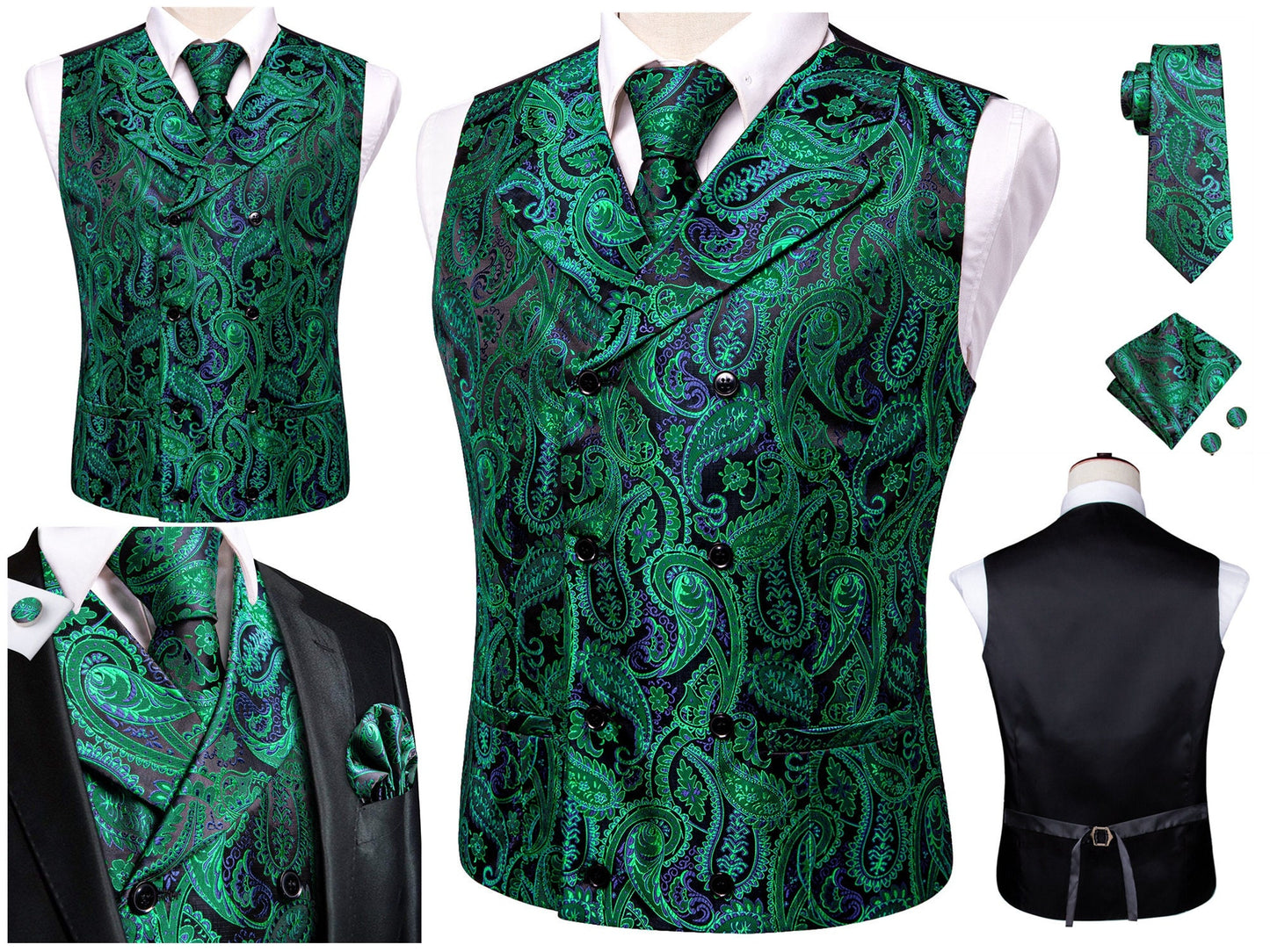 Hi Tie® Men's Vintage Waistcoat Victorian Vest Silky Set Tuxedo Gilet Casual Business [Double Breasted Gold+]