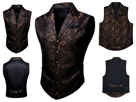 Men's Victorian Waistcoat Floral Vintage Silky Gilet Retro Paisley Vest Barry Wang Steampunk Cosplay [Swirl Bronze+]