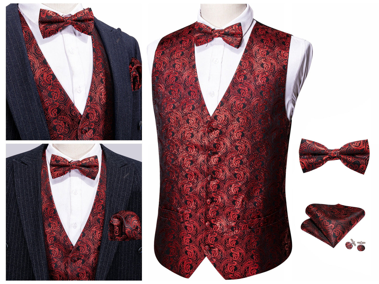 Men's Waistcoat Silky Tuxedo  Set [Mini Paisley - Volcano+]
