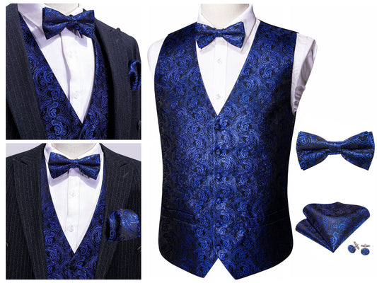 Men's Waistcoat Silky Tuxedo  Set [Mini Paisley - Ocean+]