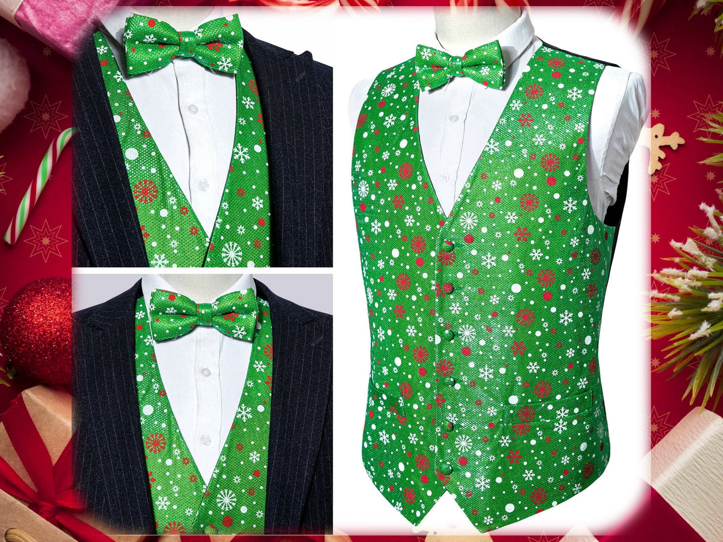 Men's Christmas Waistcoat Barry Wang Vest Set Gilet Bowtie XMAS [Snowman Green+]