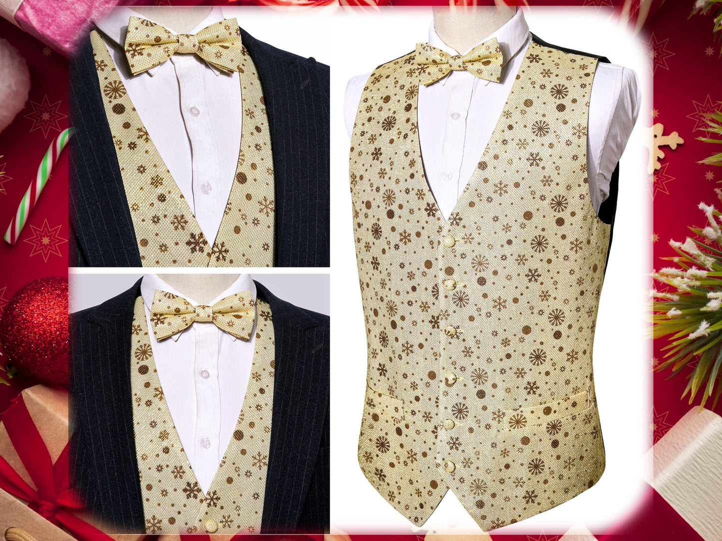 Men's Christmas Waistcoat Barry Wang Vest Set Gilet Bowtie XMAS [Snowflakes Tan+]